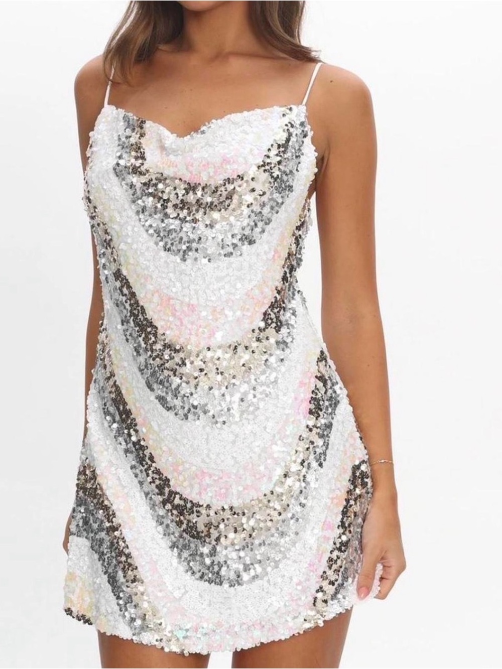 Hello Molly Iridescent Sequin Cowl Mini Dress - White & Silver
